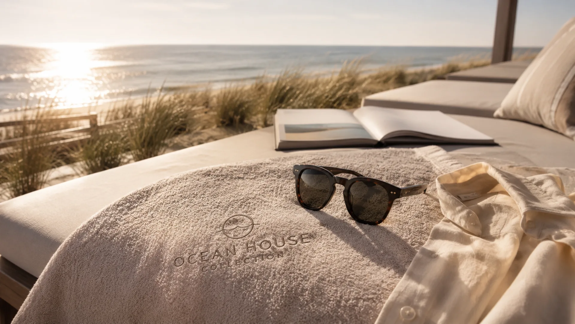 Ocean House Collection branded towel and sunglasses on a beach lounger near Ocean House Zandvoort