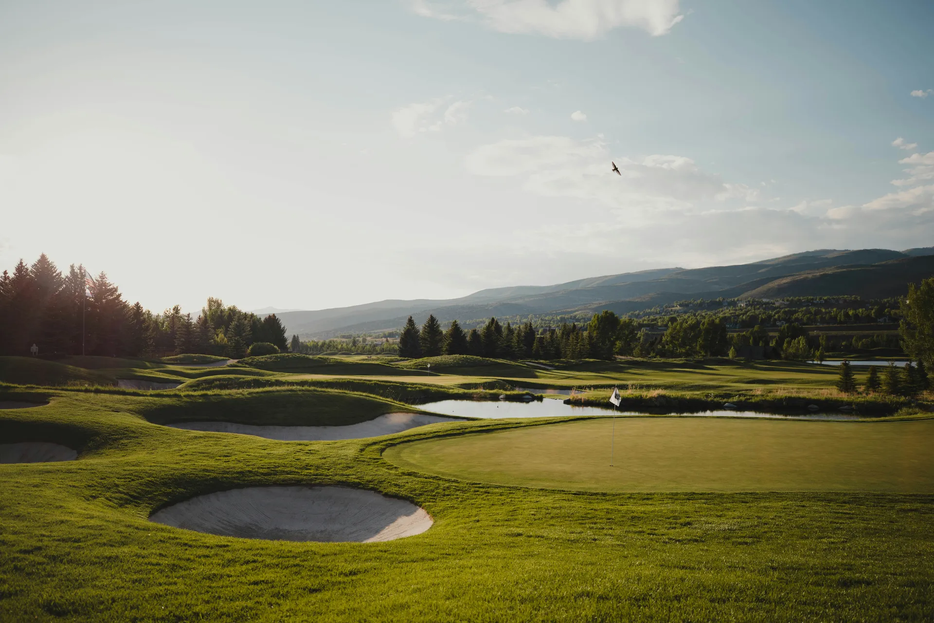 Golfplatz mit geschwungenen Fairways und Bunkern im warmen Abendlicht, nahe Ocean House Zandvoort