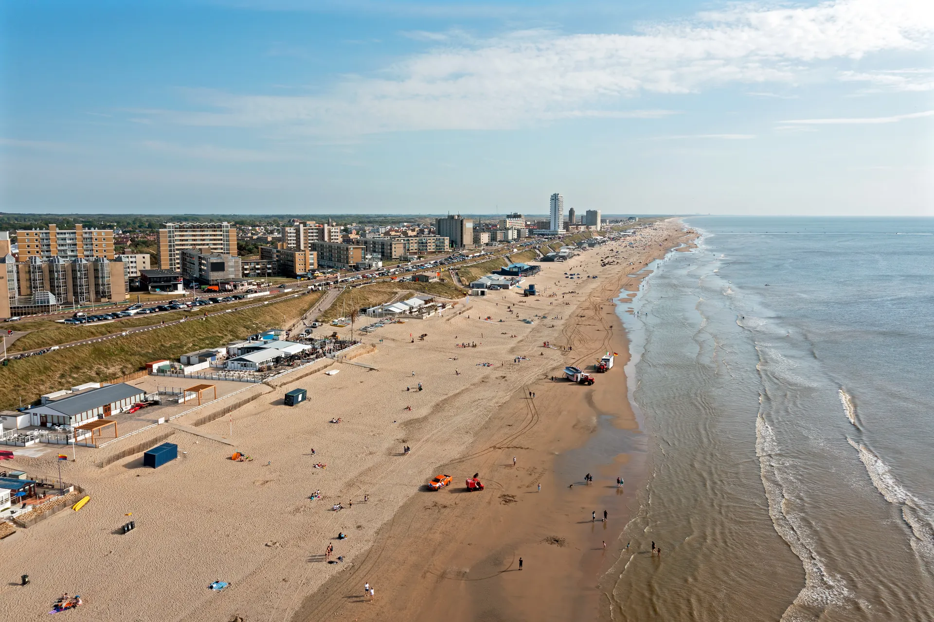 Aerial view of the seafront boulevard and the beach at Zandvoort aan Zee